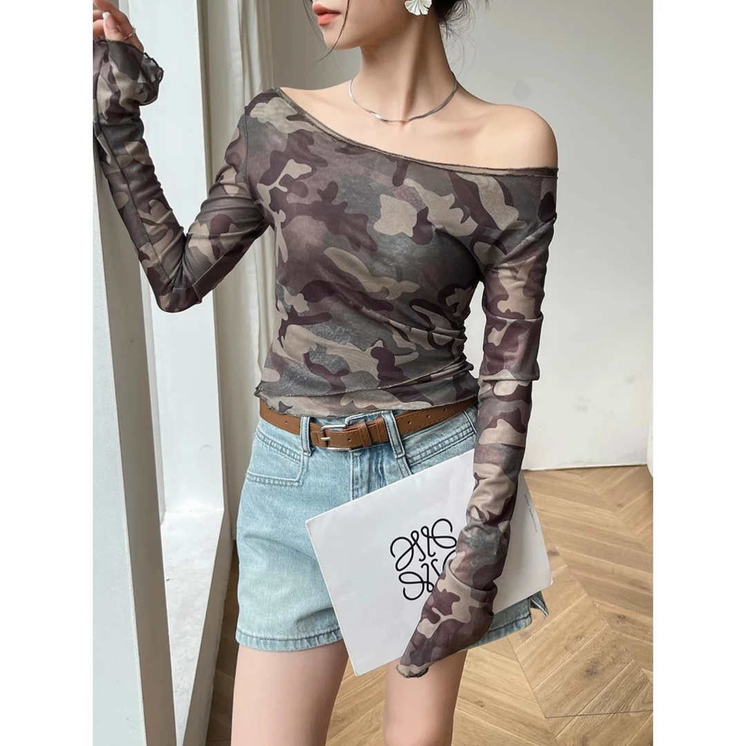 迷彩扎染长袖女t恤夏薄款网纱打底内搭性感短款喇叭袖一字肩上衣