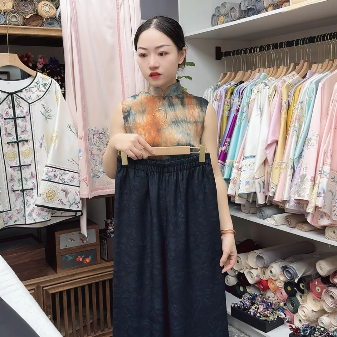 正绢藏蓝阔腿裤正绢