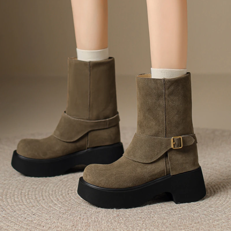 复古西部靴小个子增高显瘦翻毛皮短靴女士秋冬新款机车骑士靴