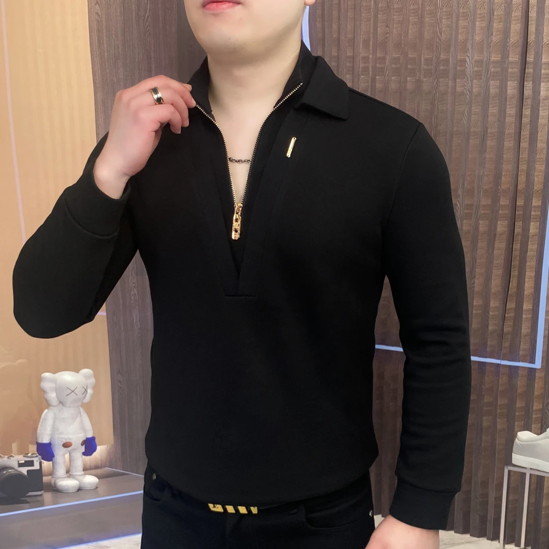 I男士秋冬加绒时尚长袖双领翻领拉链卫衣百搭潮流黑色CLY-5