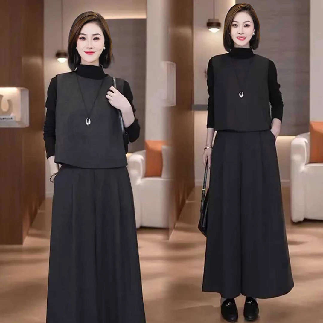 时尚套装女2025秋冬新款复古文艺打底衫马甲阔腿裤高级感三件套潮