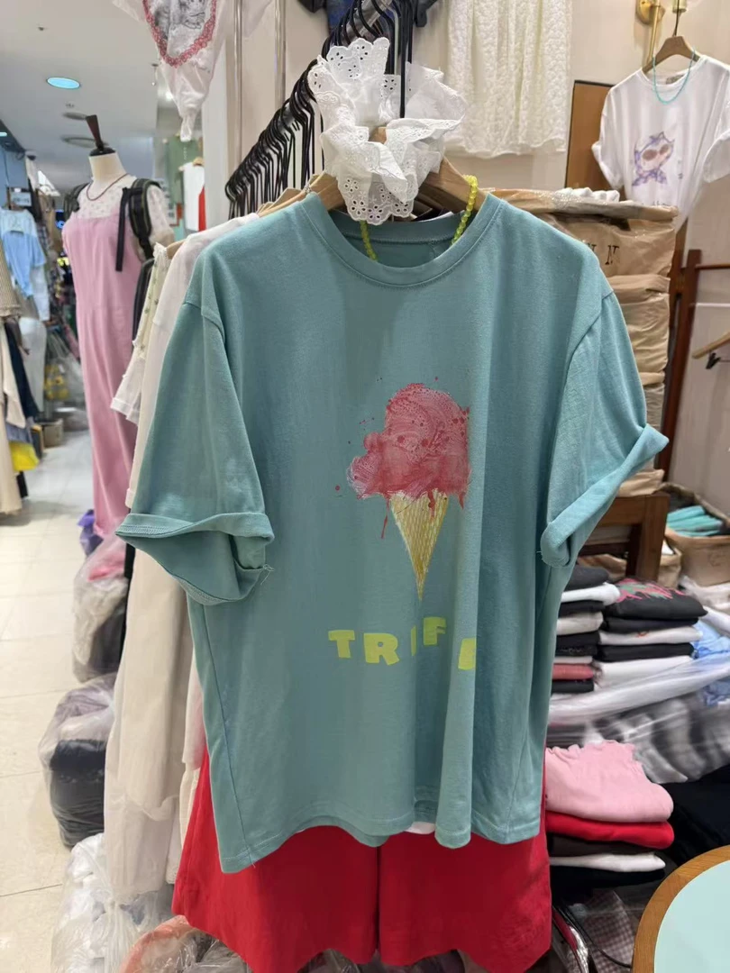 东大门新款半袖T卷发家围巾猫木耳背心樱桃小鸭子T