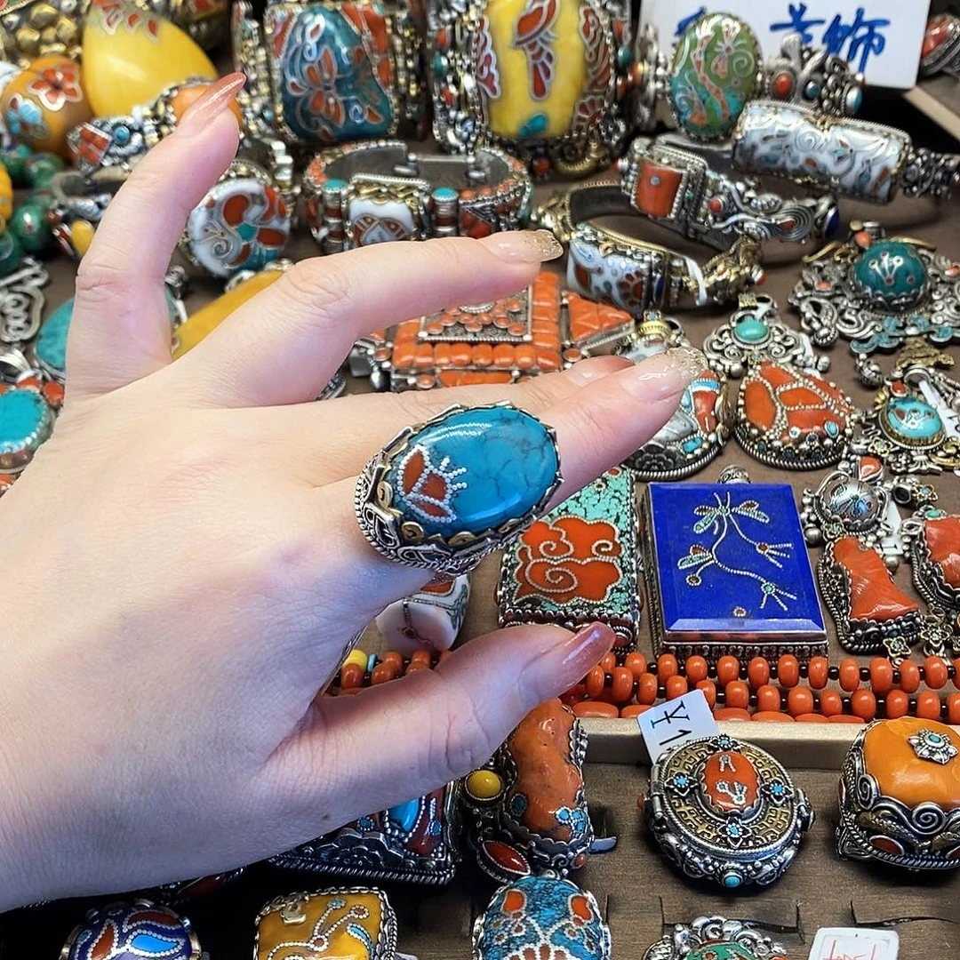 银S925镶嵌绿松石戒指八宝尼藏直播间