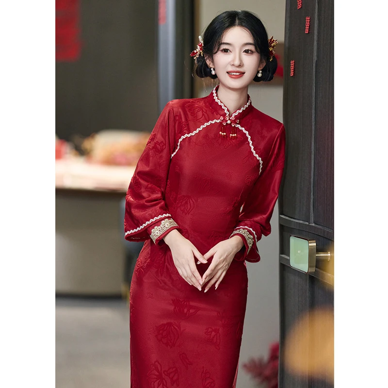 中式改良旗袍新娘敬酒2025新款红色秋季蕾丝结婚订婚礼服回门