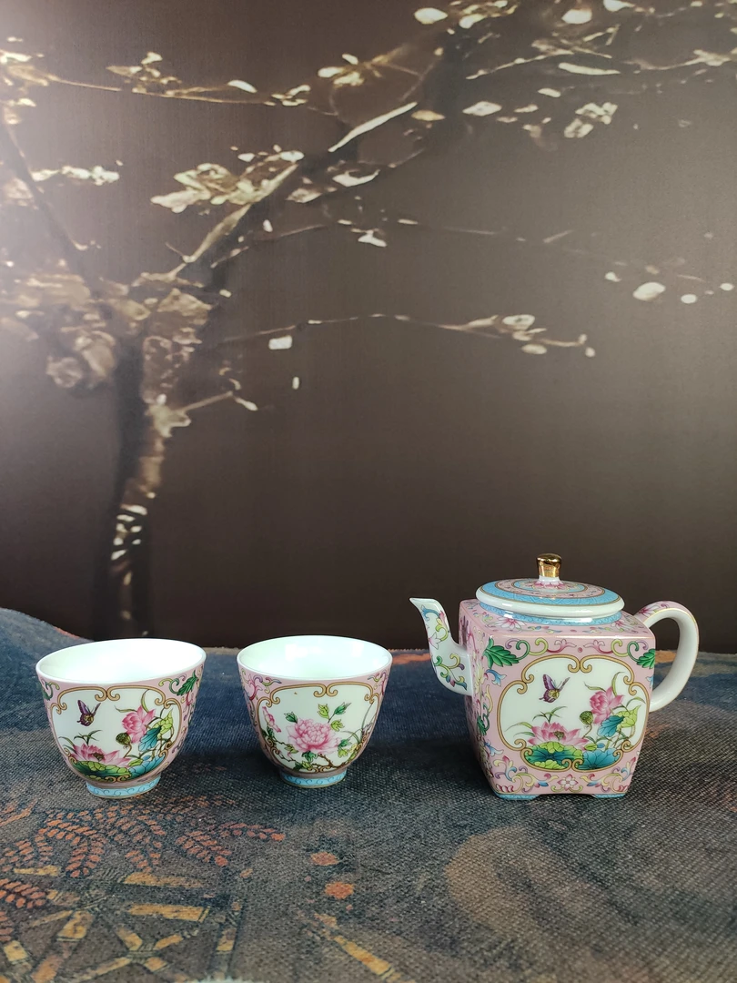 ZH1907-珐琅彩万花四方壶+两个珐琅彩万花品茗杯