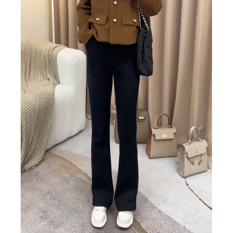 黑色弹力修身窄版微喇裤女2025秋季新款小个子高腰显瘦时尚马蹄裤