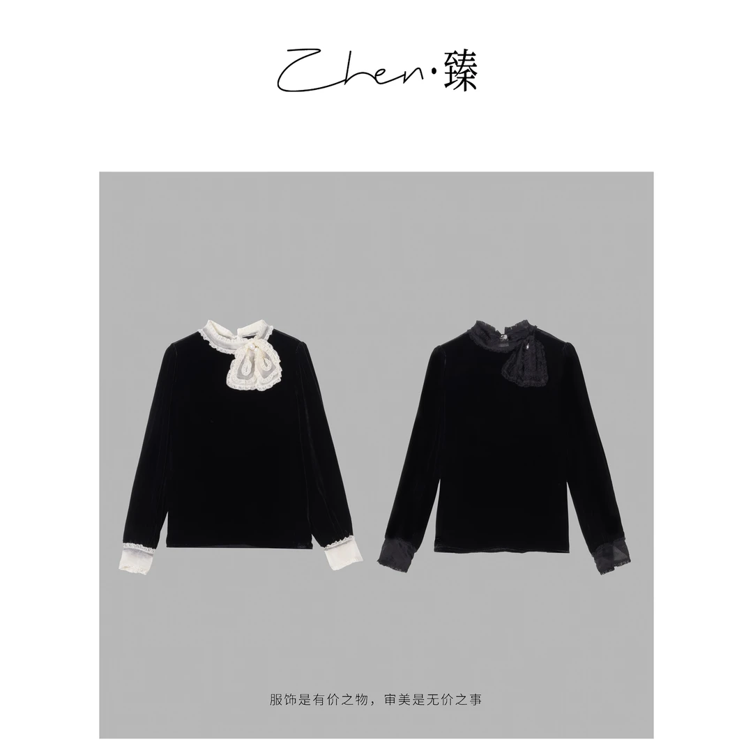 ZHEN.臻 法式花边蝴蝶结飘带秋季上新真丝丝绒长袖衬衫SY8601Z