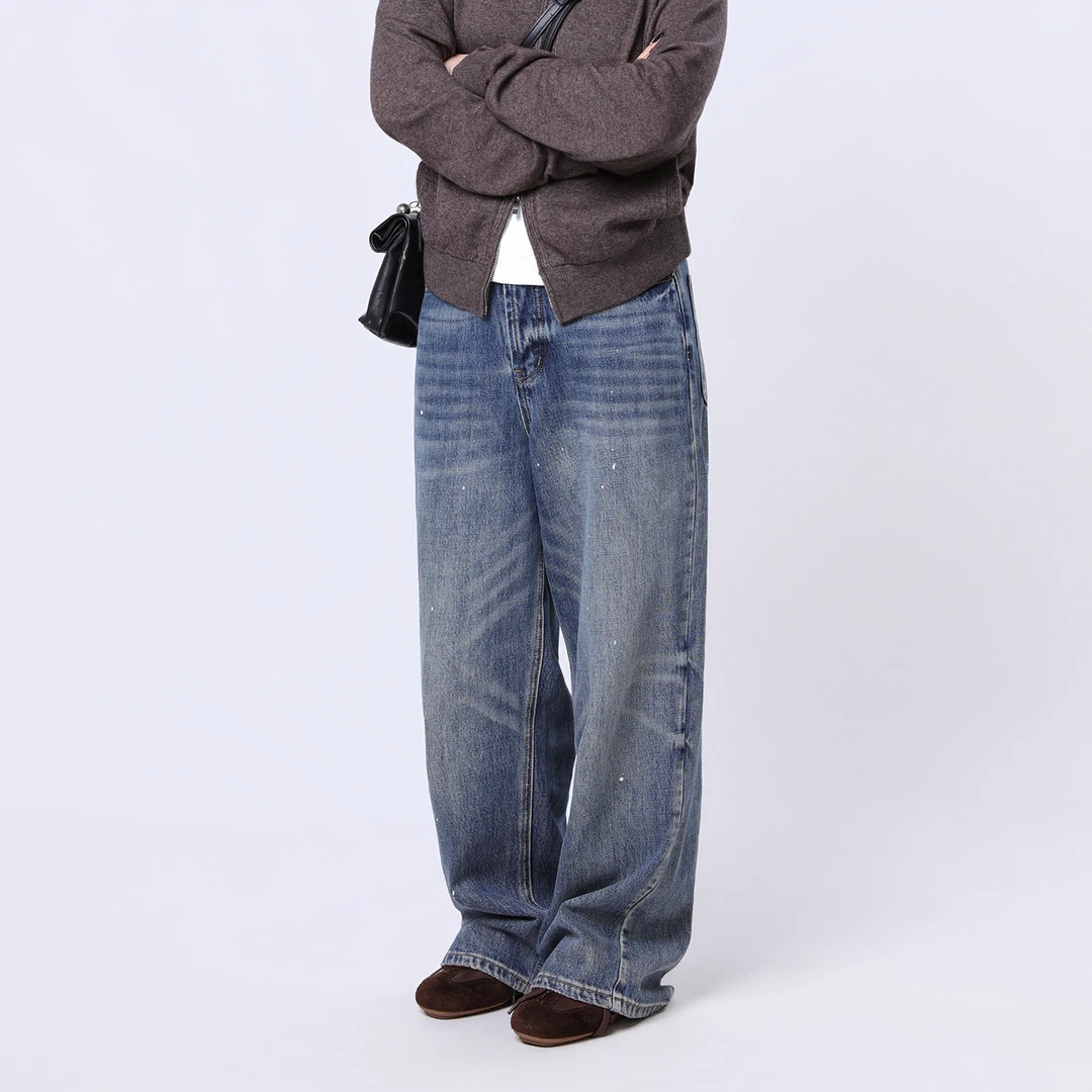 【松弛3.0】高级感泼墨阔腿牛仔裤水洗做旧复古显瘦新款潮牌女装