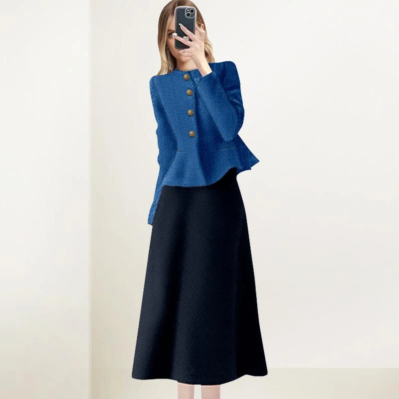 蓝色高级感减龄洋气套装裙女2025年春新款气质开衫外套半裙两件套