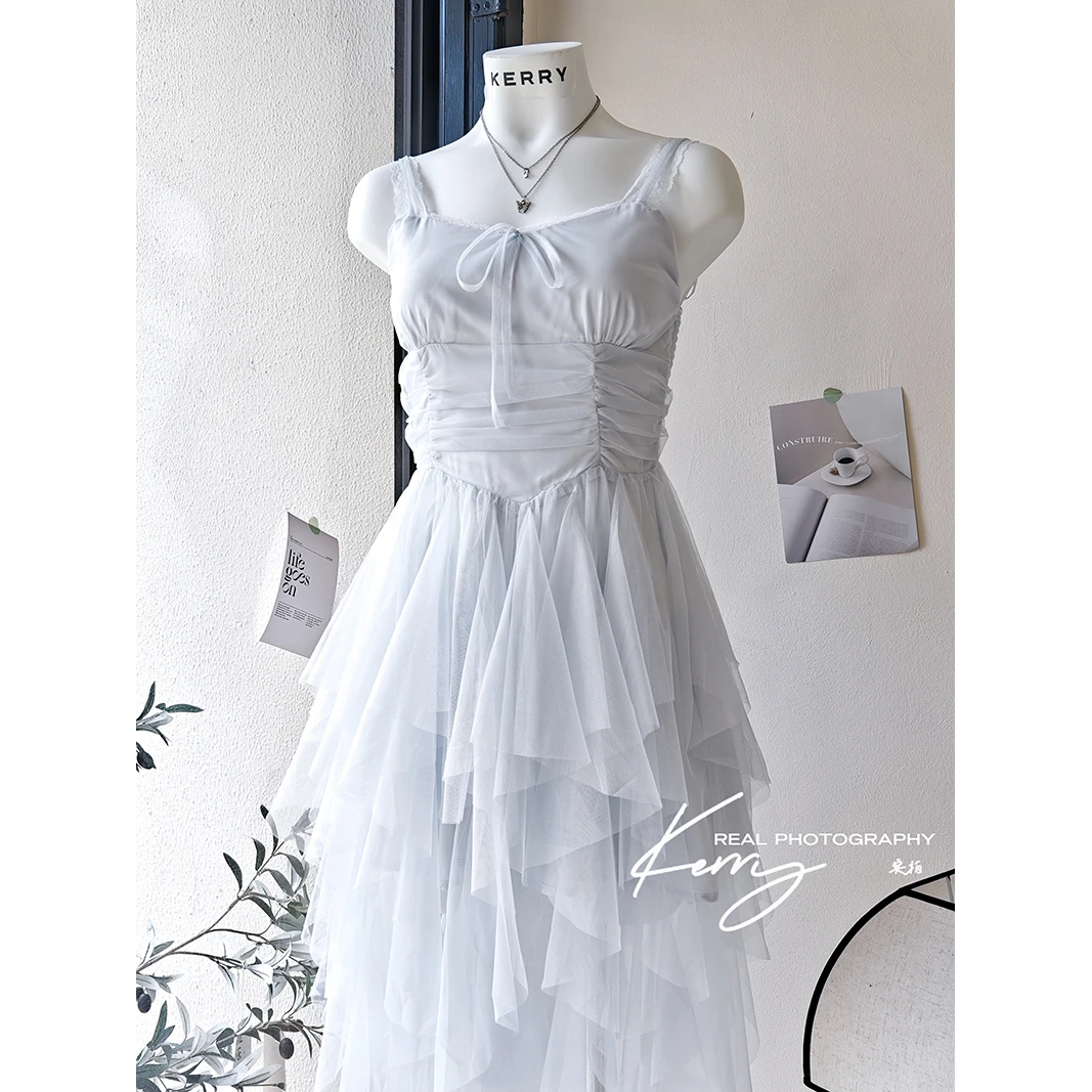 Kerry 在逃天鹅裙/巨仙薄纱度假连衣裙女夏不规则公主吊带长裙子