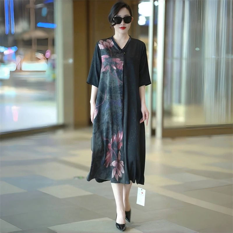 原创大码复古国风新中式减龄妈妈连衣裙撞色拼接时尚气质长裙