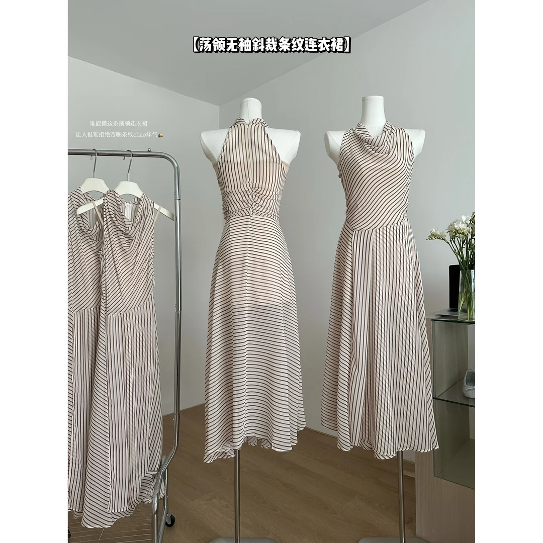 复古条纹荡领无袖连衣裙女夏季气质修身开叉收腰长裙子叠穿两件套