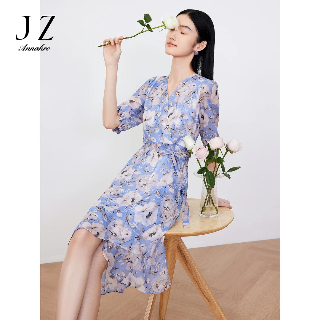 JZ玖姿-JTDX50012印花雪纺连衣裙2023夏季新款V领轻盈感裙子