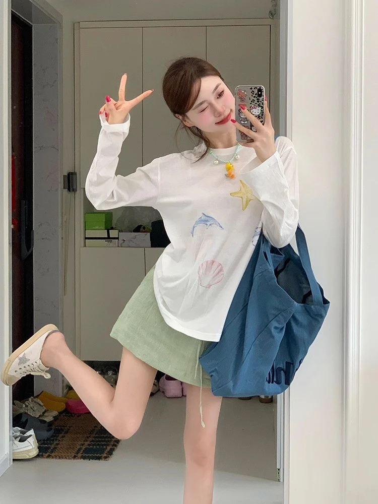 韩系时尚独特设计感印花T恤女白色夏季新款休闲宽松百搭长袖上衣