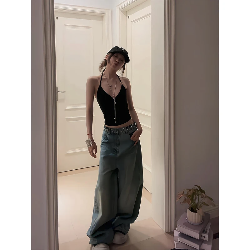 黑色V领挂脖吊带背心收腰美背辣妹上衣女高腰牛仔裤脏脏阔腿裤