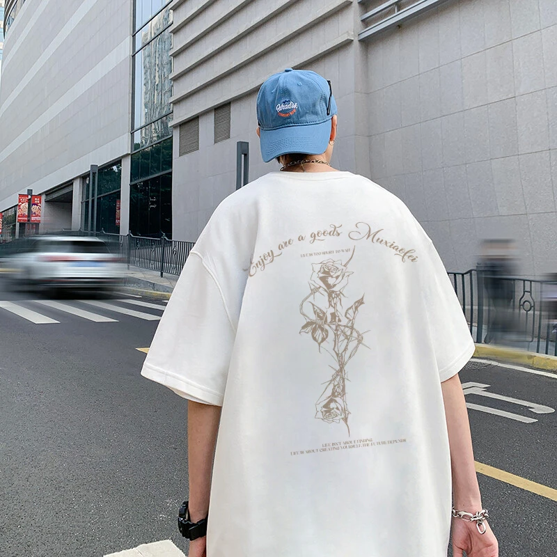 短袖t恤男2025夏季新款美式复古重磅玫瑰花潮流百搭宽松半袖体恤