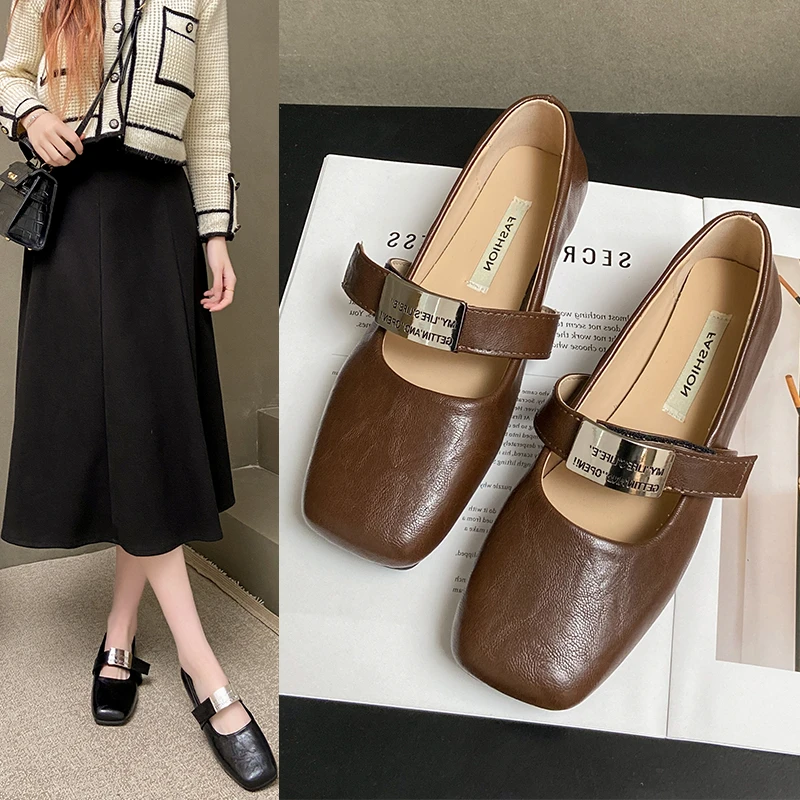 法式方头时尚百搭浅口皮鞋女2025年春季新款休闲豆豆鞋一脚蹬单鞋