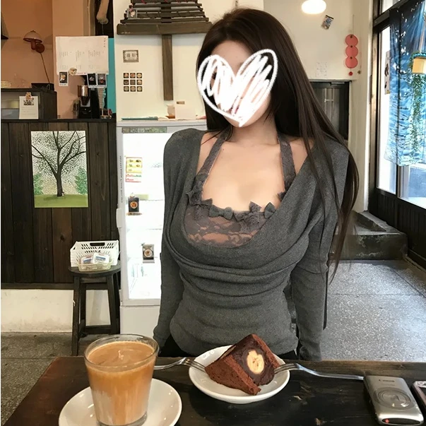 内搭女打底衫蕾丝拼接背心长袖T恤女装秋冬季修身显瘦上衣两件套