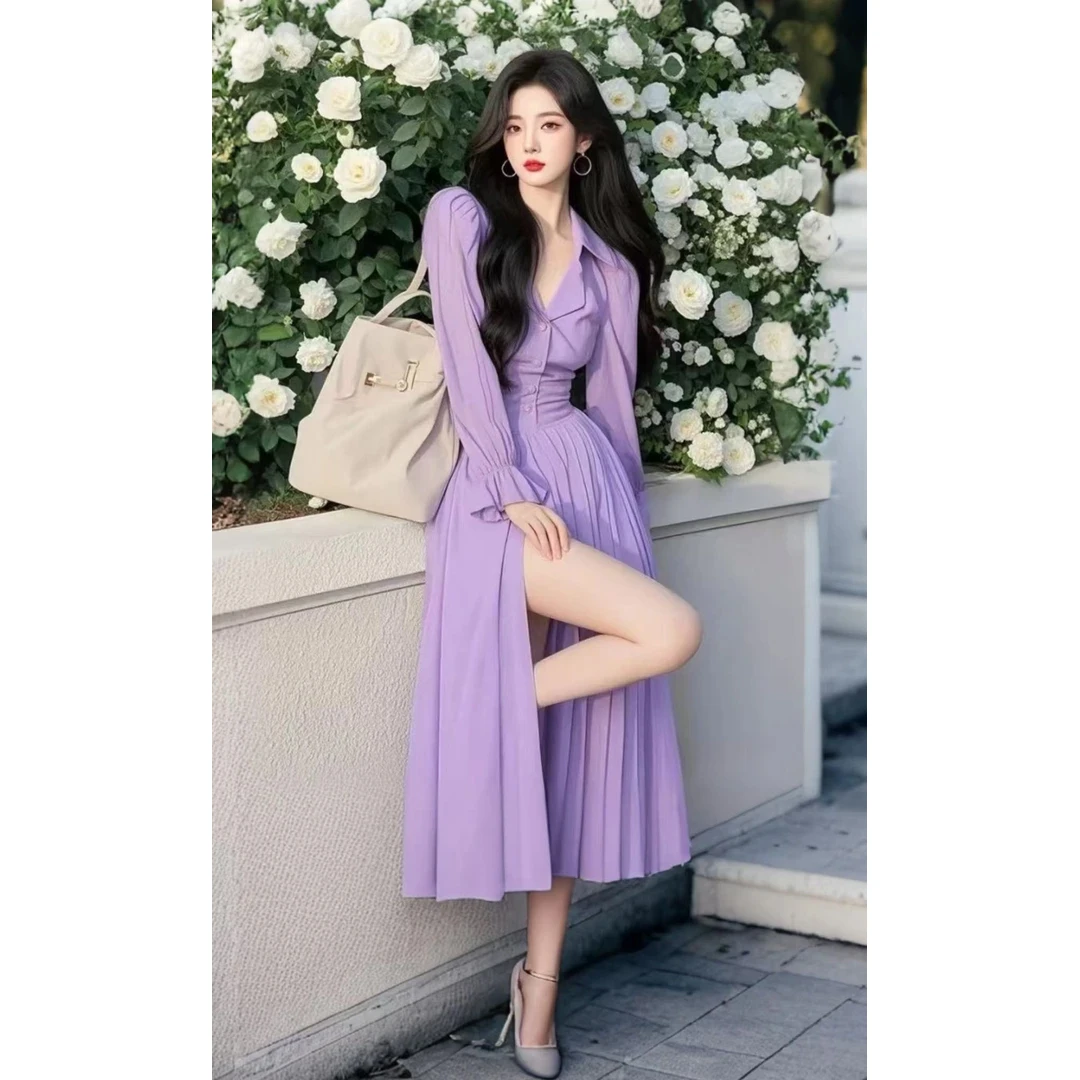 2025春新款女装法式轻奢高级感上流社会气质收腰紫色衬衫连衣裙子