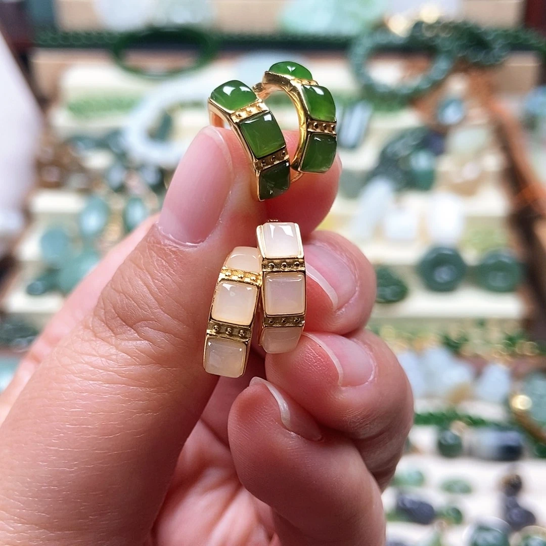 银S925镶嵌和田玉耳饰