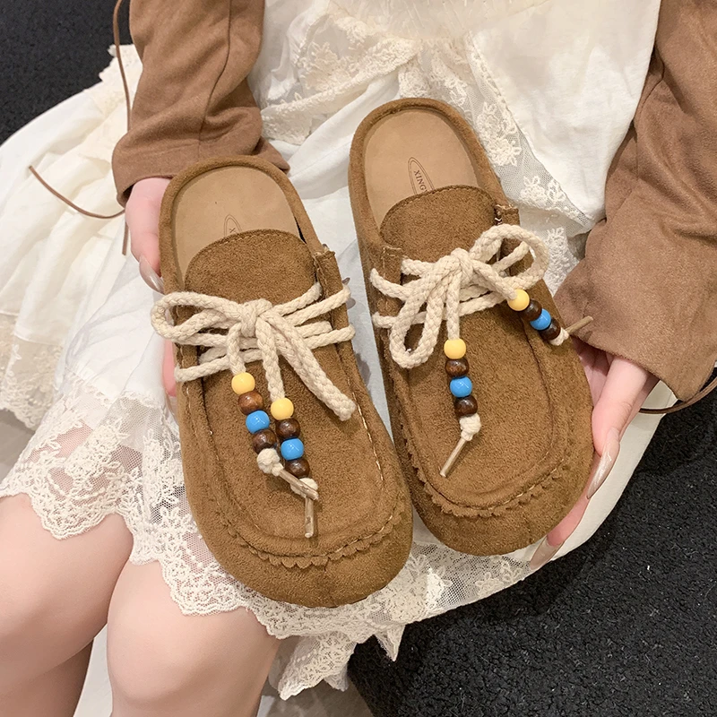 串珠森系复古美拉德勃肯鞋女款秋季爆款一脚蹬增高包头半拖鞋外穿