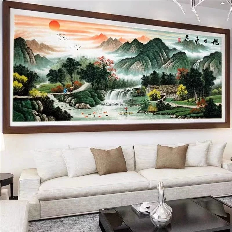 纯手工十字绣成品旭日东升流水生财山水风景客厅挂画出售已绣好的