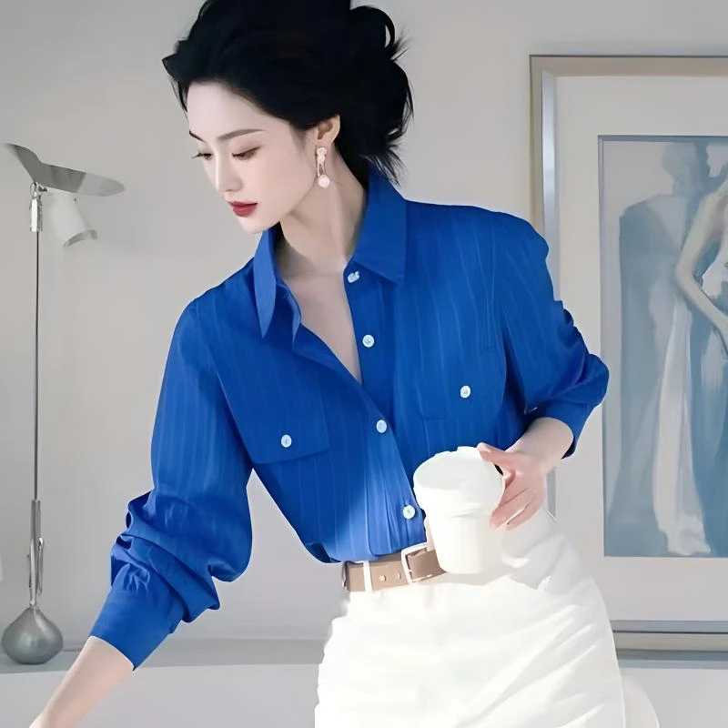 Q512克莱因蓝polo领长袖衬衫女设计感衬衣小众别致超好看绝美上衣