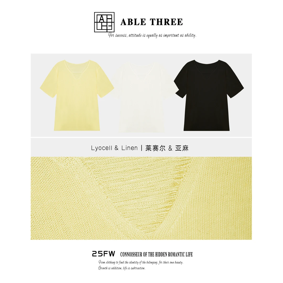 ABLE THREE【纯净盛夏】欧若风V领镂空短袖针织衫 HY-SS9875