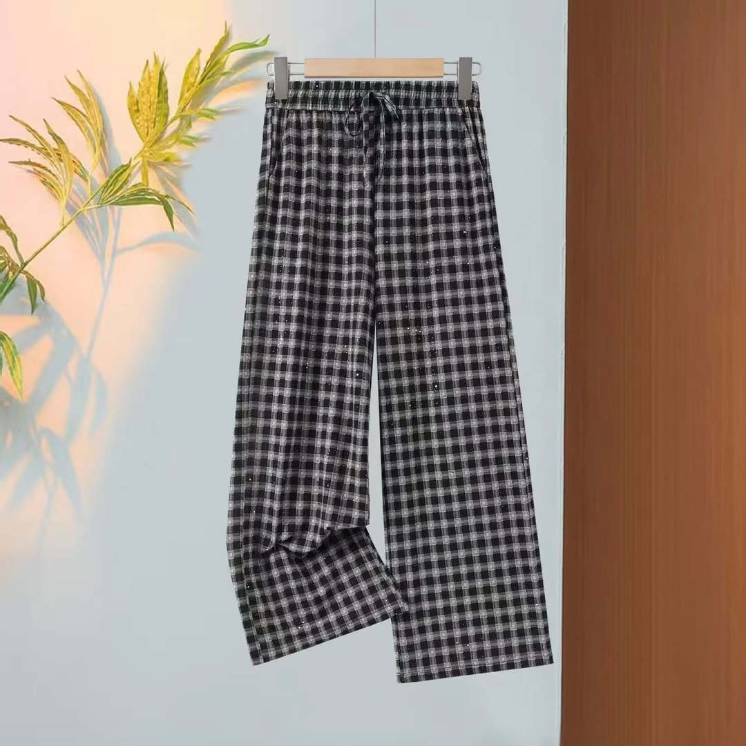 休闲裤直筒裤格子2025年夏季薄款口袋黑白女装千鸟格夏季高腰
