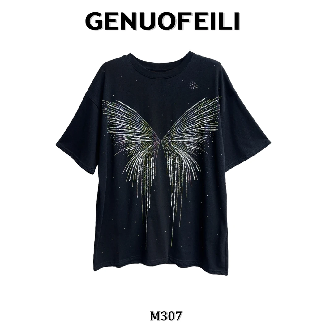 气质舒适常规宽松型短袖T恤透气干爽常规款防风百搭女士重工汤钻T