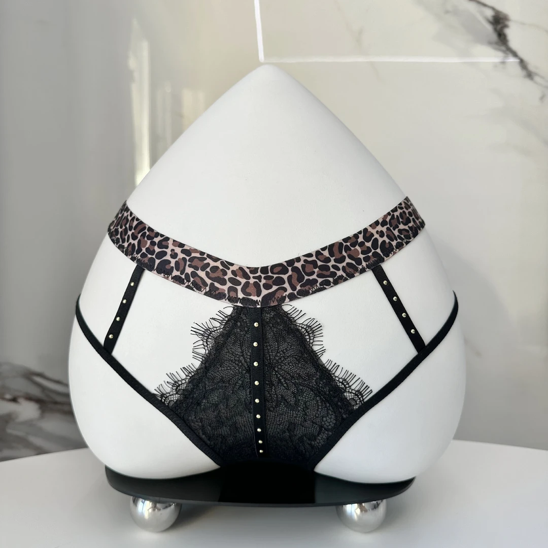 欧美性感豹纹蕾丝内裤女提花网纱铆钉三角裤低腰镂空诱惑女士内裤