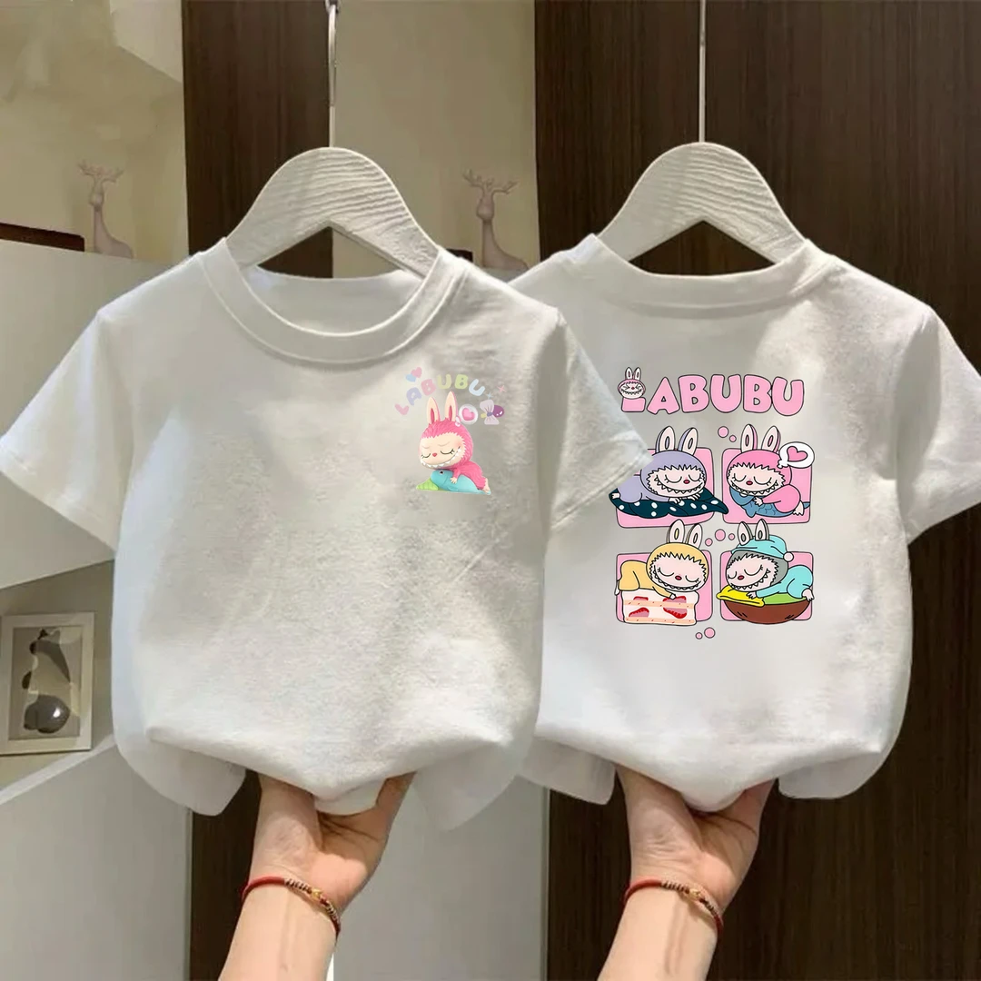 纯棉女童女宝宝宽松短袖圆领T恤衫中小儿童卡通Labubu拉布布童装