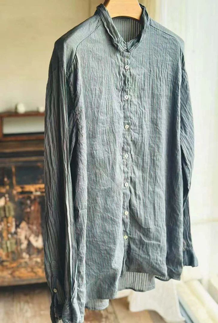 Li Wang/里望设计师款  成衣染色 丝麻条纹肌理质感 时尚衬衫