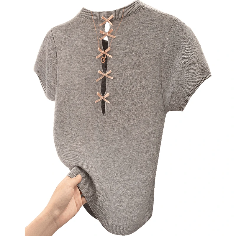 丝柏舍官方旗舰店2025绵羊毛蝴蝶结镂空短袖针织衫S51K0139Z