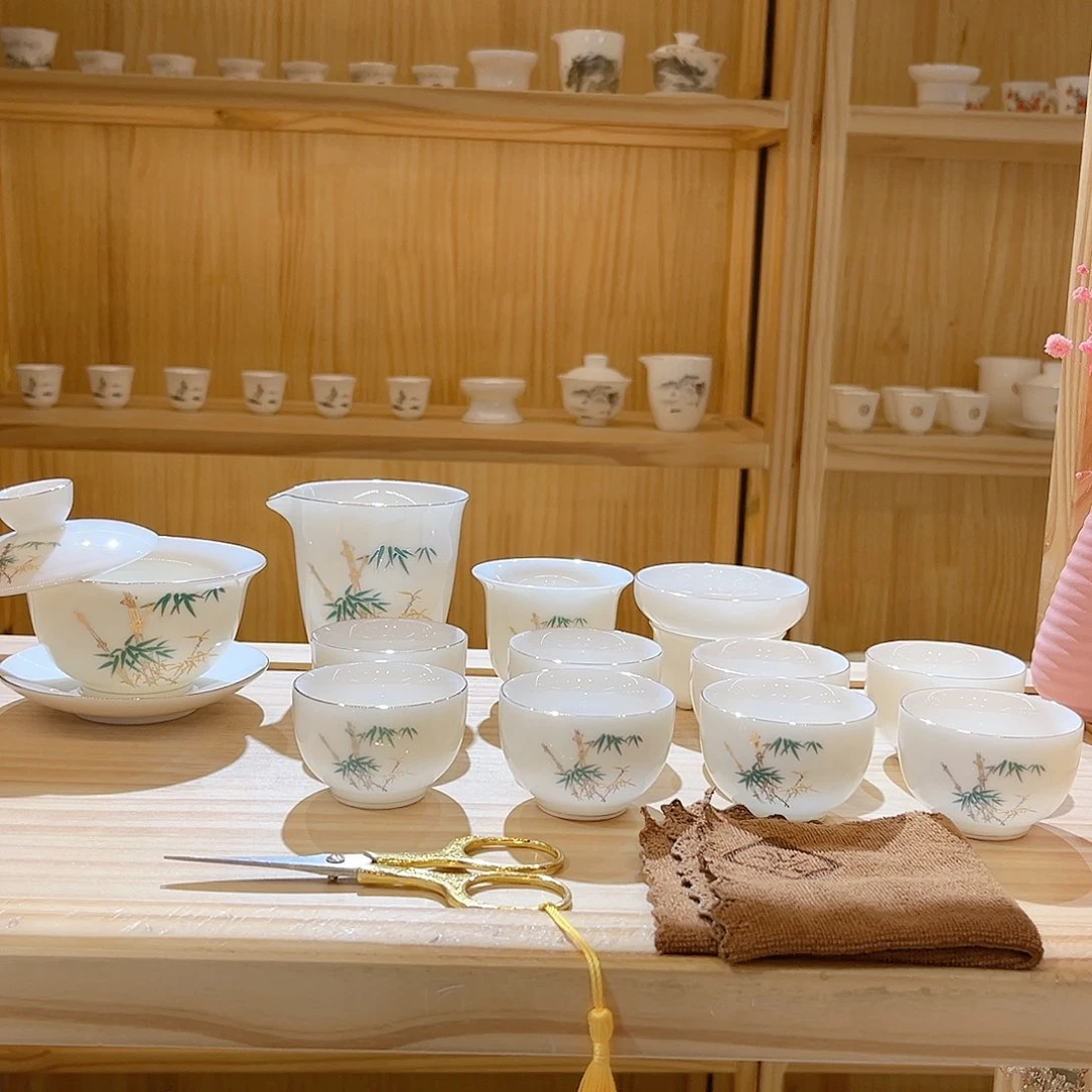 【御瓷斋】羊脂玉瓷金竹报喜套装15头