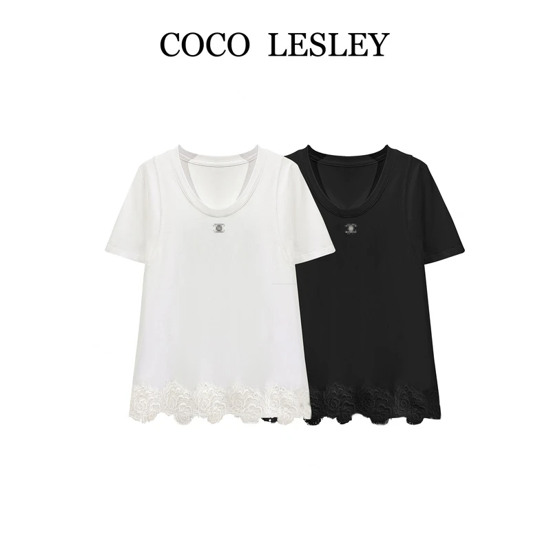 【COCO LESLEY】#25090#轻奢简约蕾丝拼接T恤2025显瘦潮流个性上衣