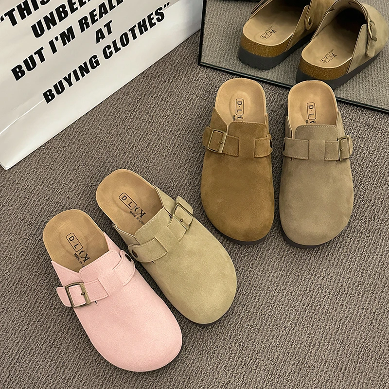 勃肯包头半托女2025秋季新款半托懒人软木底拖鞋小个子增高休闲鞋