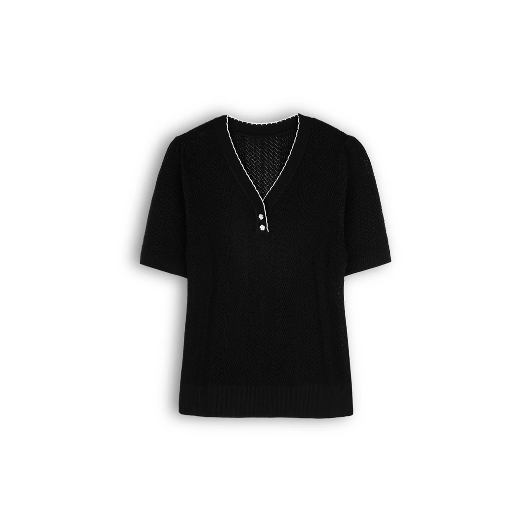 【珂S订单】夏季25新款撞色花边领黑针织衫女（25SS7025）