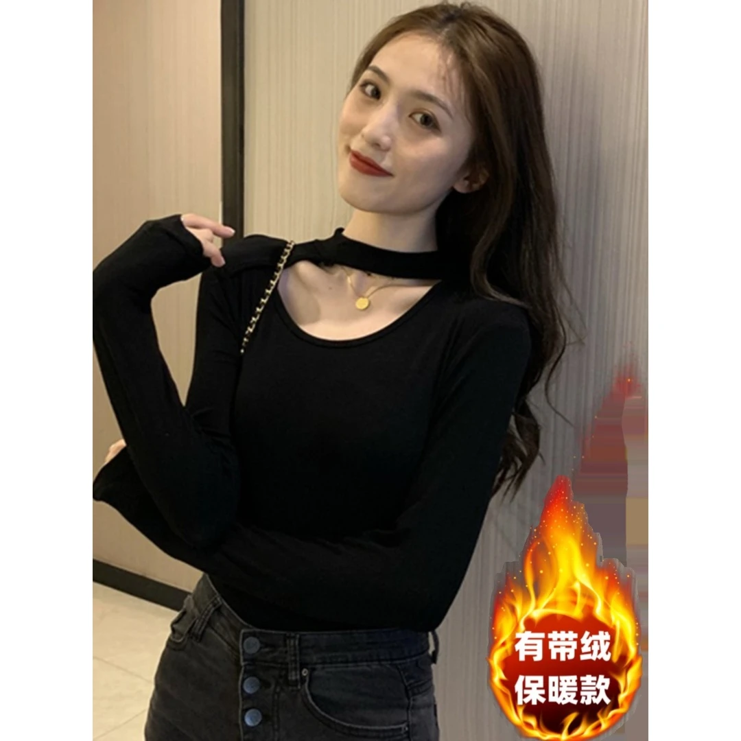 黑色挂脖半高领打底衫秋冬加绒紧身长袖上衣女镂空别致内搭洋气厚