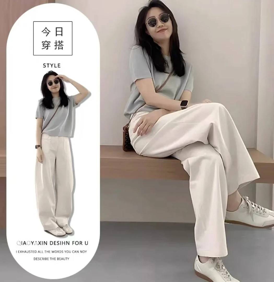 专柜同款高贵白色休闲风法式新款阔腿裤百搭极简风慵懒风时尚套装