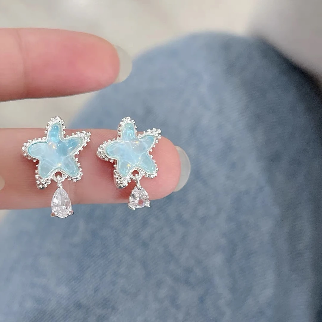 黄铜耳饰 【无耳洞耳夹】【海洋之星】海盐甜心蓝色星星耳钉小众设计