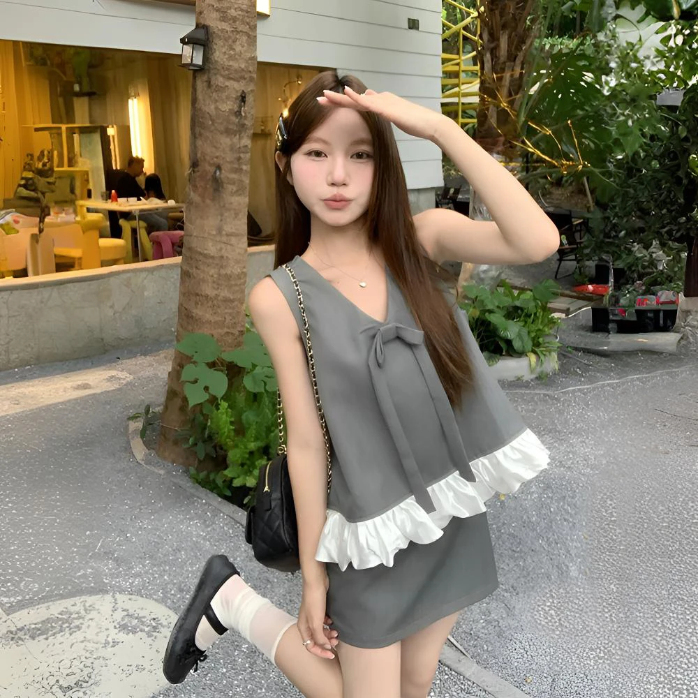 今年流行爆款套装女2025夏季新款蝴蝶结V领无袖上衣半身裙两件套