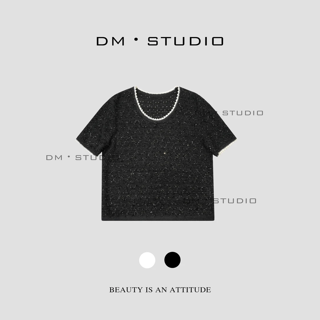 DM•STUDIO/时尚百搭重工满天星亮片撞色小众半袖上衣（CD24-666）