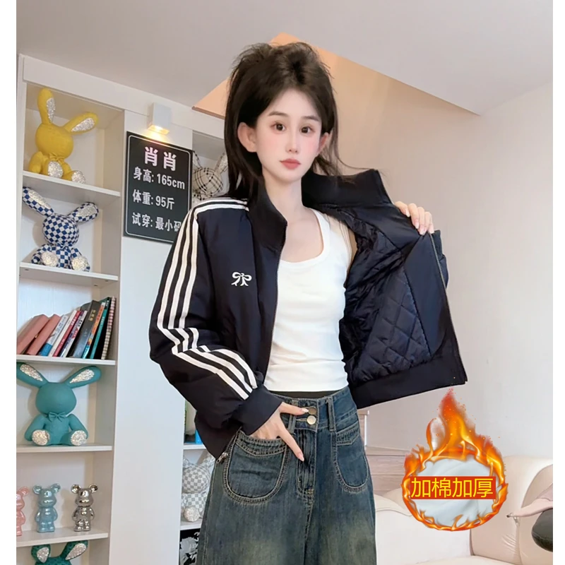 加棉加厚刺绣蝴蝶结短外套女2025年秋冬款休闲运动百搭冬季外套