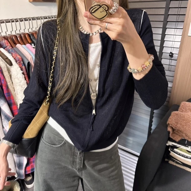 【思含】秋季新款假两件长袖针织开衫拉链上衣