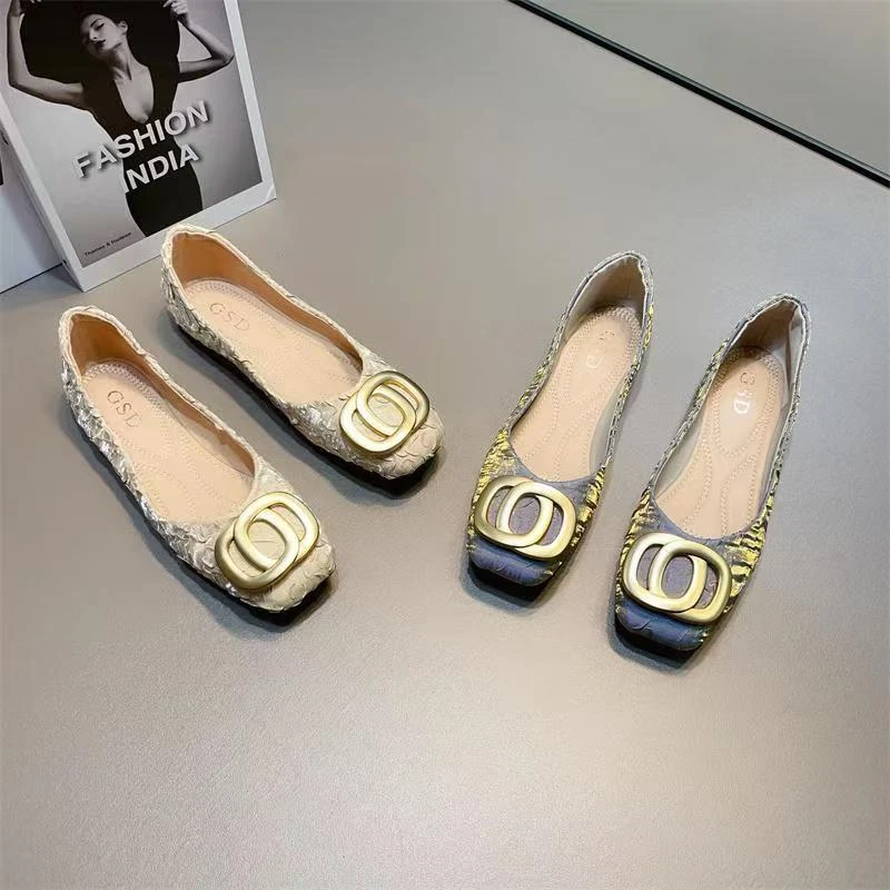 【品牌 补贴】方头单鞋法式休闲透气平底鞋平底方扣软底女鞋浅口029