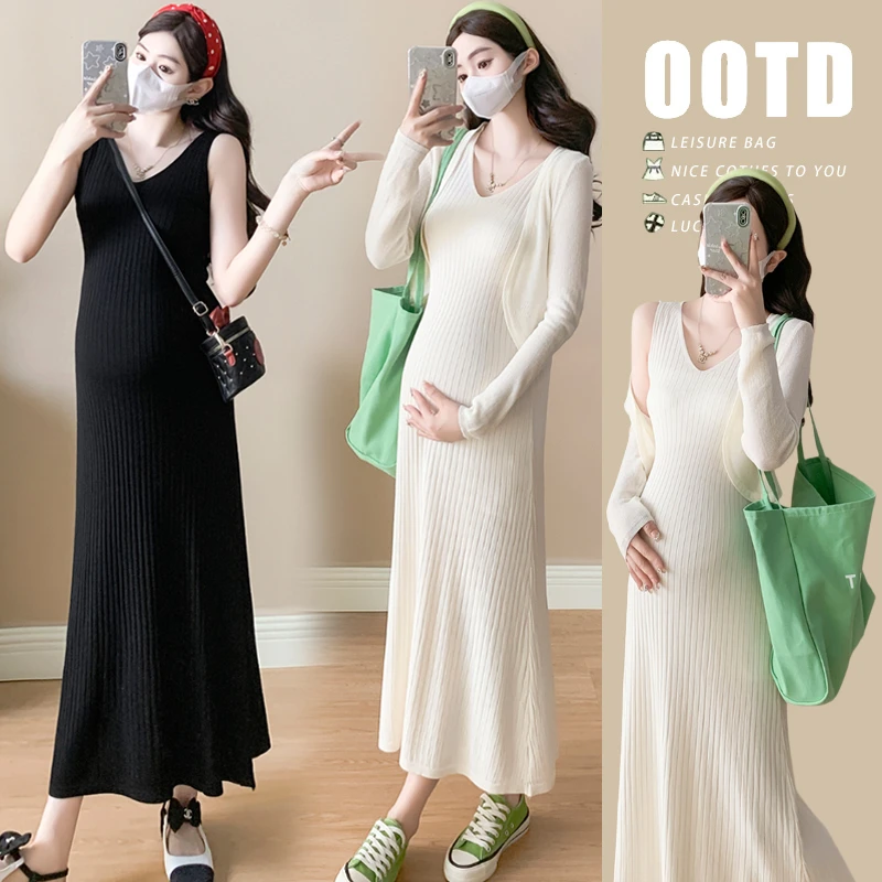 2025新款孕妇连衣裙夏季时尚外穿无袖背心长裙+防晒衫外套两件套