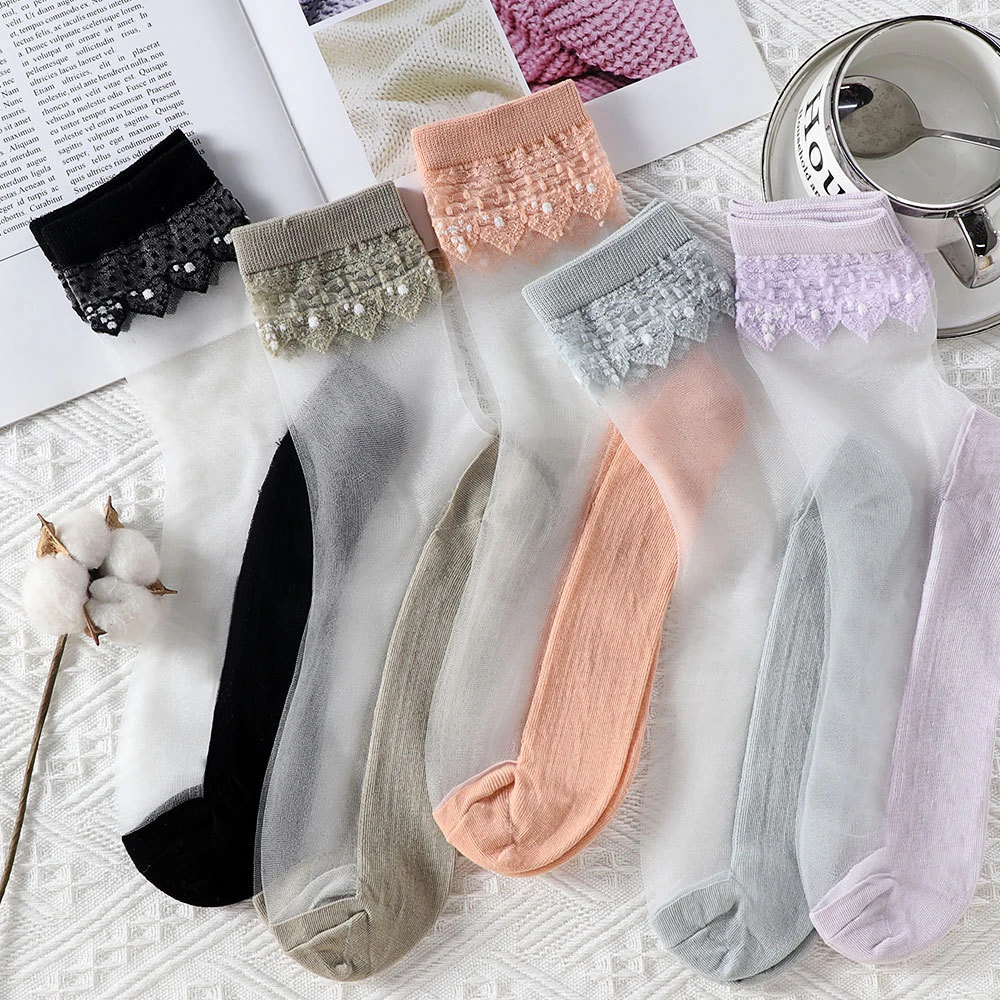 25年夏季新品短筒丝袜绣花透明薄款水晶玻璃防滑圆点棉底超薄女袜