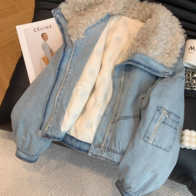 高端正版欧货高级感派克服女短款百搭时尚气质毛领牛仔棉服外套女