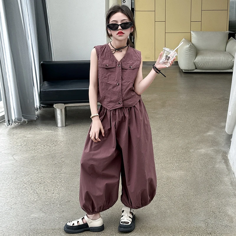 韩系女童夏装套装2025新款小女孩洋气马甲阔腿裤两件套儿童夏季潮